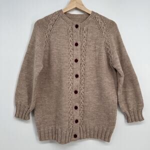 Handmade Wool Cardigan Sweater Womens M Natural Tan Burgundy Button Cable Knit